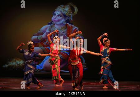 Students from the Nritya Kala Mandir School of Indian Classical Dance perform a Bharatnatyam dance honouring Lord Hanuman during the Nrityotsava dance extravaganza in Toronto, Ontario, Canada, on September 8, 2018. Nrityotsava offered students an opportunity to showcase their talents while embracing their culture and heritage. (Photo by Creative Touch Imaging Ltd./NurPhoto) Stock Photo