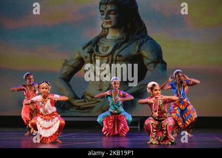 Students from the Nritya Kala Mandir School of Indian Classical Dance perform a Bharatnatyam dance honouring Lord Shiva during the Nrityotsava dance extravaganza in Toronto, Ontario, Canada, on September 8, 2018. Nrityotsava offered students an opportunity to showcase their talents while embracing their culture and heritage. (Photo by Creative Touch Imaging Ltd./NurPhoto) Stock Photo