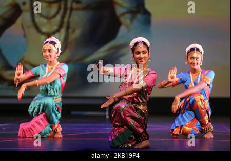 Students from the Nritya Kala Mandir School of Indian Classical Dance perform a Bharatnatyam dance honouring Lord Shiva during the Nrityotsava dance extravaganza in Toronto, Ontario, Canada, on September 8, 2018. Nrityotsava offered students an opportunity to showcase their talents while embracing their culture and heritage. (Photo by Creative Touch Imaging Ltd./NurPhoto) Stock Photo