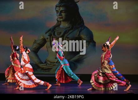 Students from the Nritya Kala Mandir School of Indian Classical Dance perform a Bharatnatyam dance honouring Lord Shiva during the Nrityotsava dance extravaganza in Toronto, Ontario, Canada, on September 8, 2018. Nrityotsava offered students an opportunity to showcase their talents while embracing their culture and heritage. (Photo by Creative Touch Imaging Ltd./NurPhoto) Stock Photo