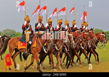 Indian army soldiers march in mounted parade with their horses during the centenary celebration of Battle of Haifa 1918-2018 , at 61 Cavalry Ground in Jaipur,Rajasthan,India, Sept 22, 2018.Haifa Day is celebrated every year to celebrate the liberation of Haifa by mounted Cavalry charge by the Indian soldiers led by Major Dalpat Singh on 23rd Sept,1918 from the occupation of Turks.(Photo by Vishal Bhatnagar/NurPhoto) Stock Photo