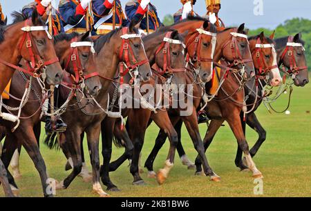 Indian army soldiers march in mounted parade with their horses during the centenary celebration of Battle of Haifa 1918-2018 , at 61 Cavalry Ground in Jaipur,Rajasthan,India, Sept 22, 2018.Haifa Day is celebrated every year to celebrate the liberation of Haifa by mounted Cavalry charge by the Indian soldiers led by Major Dalpat Singh on 23rd Sept,1918 from the occupation of Turks.(Photo by Vishal Bhatnagar/NurPhoto) Stock Photo