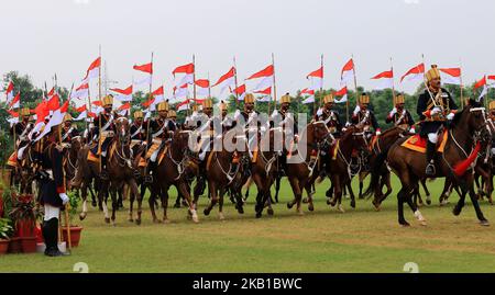 Indian army soldiers march in mounted parade with their horses during the centenary celebration of Battle of Haifa 1918-2018 , at 61 Cavalry Ground in Jaipur,Rajasthan,India, Sept 22, 2018.Haifa Day is celebrated every year to celebrate the liberation of Haifa by mounted Cavalry charge by the Indian soldiers led by Major Dalpat Singh on 23rd Sept,1918 from the occupation of Turks.(Photo by Vishal Bhatnagar/NurPhoto) Stock Photo