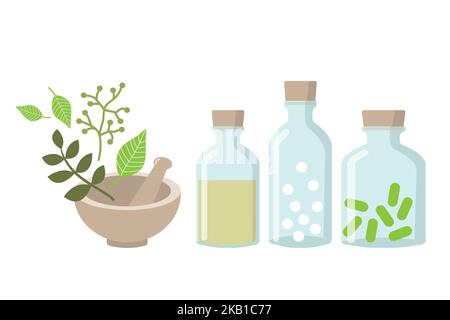 Alternative medicine vector illustration. Set of glass jars, mortar and pestle with herbal remedies. Stock Vector