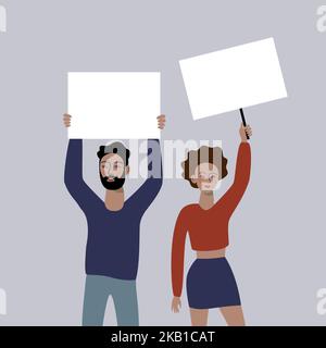 People holding placards. Activists protesting with banners. Empty signs with copy space. Stock Vector