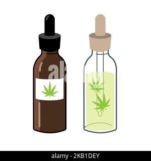 Two bottles of CBD or hemp oil. Vector illustration. Stock Vector