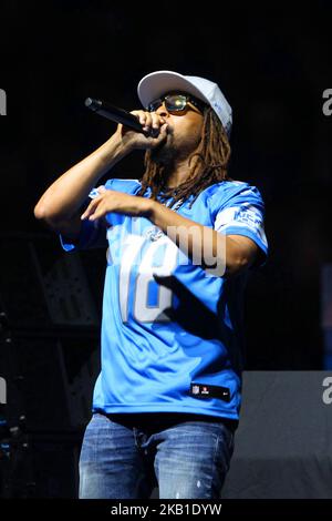 Lil Jon performs during the halftime of a Detroit Lions NFL football game against the New England Patriots in Detroit, Michigan USA, on Sunday, September 23, 2018. (Photo by Amy Lemus/NurPhoto) Stock Photo
