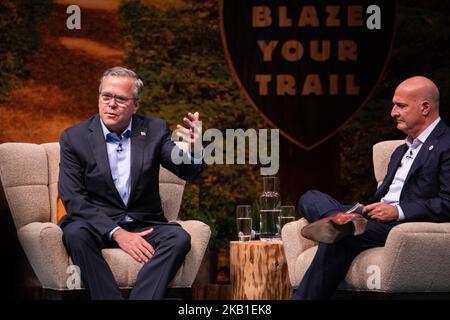 Former Florida Gov. and 2016 GOP former presidential candidate Jeb Bush, Chairman, Dock Square Capital LLC, speaking with Keith Block, Co-CEO SalesForce before the attendees at DreamForce September 25, 2018 at Moscone Center, San Francisco, CA (Photo by Khaled Sayed/NurPhoto) Stock Photo