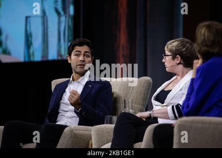 Adrian Grenier, Actor, Filmmaker, Social Advocate, talks about Protecting Critical Water Systems at Climate Summit part of the DreamForce conference, September 27, 2018 at Civic Center, San Francisco, CA (Photo by Khaled Sayed/NurPhoto) Stock Photo