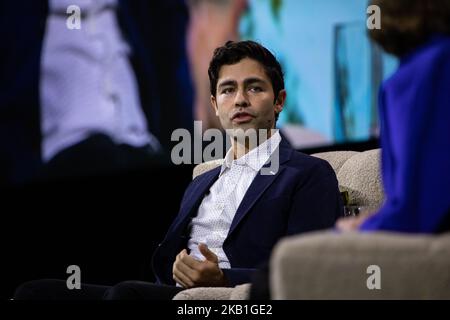 Adrian Grenier, Actor, Filmmaker, Social Advocate, talks about Protecting Critical Water Systems at Climate Summit part of the DreamForce conference, September 27, 2018 at Civic Center, San Francisco, CA (Photo by Khaled Sayed/NurPhoto) Stock Photo