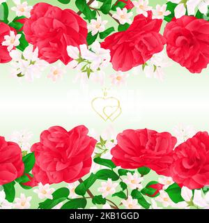 Floral border seamless horizontal background with flowers Camellia Japonica  with buds vector Illustration for use in interior design, artwork, dishes Stock Vector