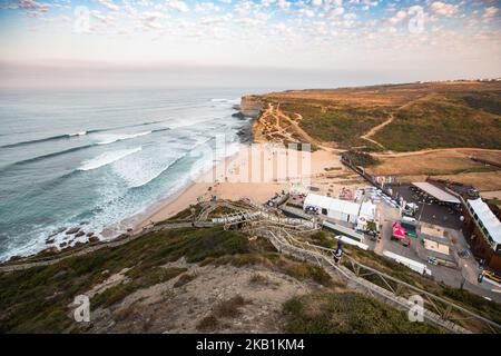 Ribeira d'ilhas Beach at sunrise. Some of the best surfers in the world have arrived in Ribeira D'Ilhas, Portugal, on 29 September 2018 ahead of the EDP Billabong Pro Ericeira. One of only five QS10,000 events, this year's EDP Billabong Pro Ericeira will host 18 of the world's best surfers alongside some of the up-and-coming talents the QS tour sees competing year-long. (Photo by Henrique Casinhas/NurPhoto) Stock Photo