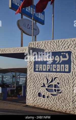 Restaurant along the Cornish in Casablanca, Morocco, Africa. The Cornish of Casablanca is a beautiful stretch along the Atlantic coast. The serpentine road has a parallel walkway for the pedestrians and there are a number of hotels, restaurants, and nightclubs located along the Cornish. (Photo by Creative Touch Imaging Ltd./NurPhoto) Stock Photo