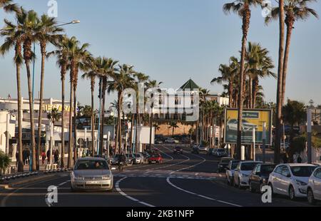 Road along the Cornish in Casablanca, Morocco, Africa. The Cornish of Casablanca is a beautiful stretch along the Atlantic coast. The serpentine road has a parallel walkway for the pedestrians and there are a number of hotels, restaurants, and nightclubs located along the Cornish. (Photo by Creative Touch Imaging Ltd./NurPhoto) Stock Photo