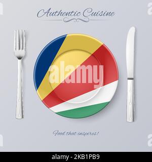 Authentic Cuisine of Seychelles. Plate with Flag and Cutlery Stock Vector