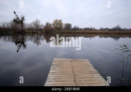 Fishing spot. Empty wooden deck floor over the lake. Stock Photo