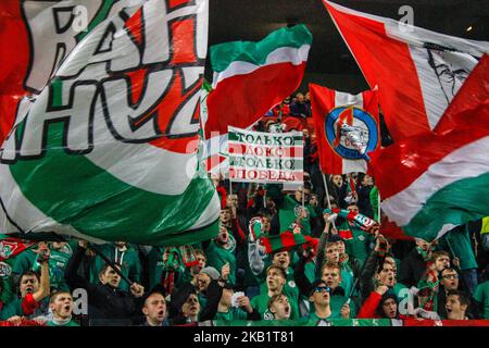 Fans of Lokomotiv Moscow during the Group D match of the UEFA Champions League between FC Lokomotiv Moscow and FC Schalke 04 at Lokomotiv Stadium on October 3, 2018 in Moscow, Russia. (Photo by Alex Cavendish/NurPhoto) Stock Photo