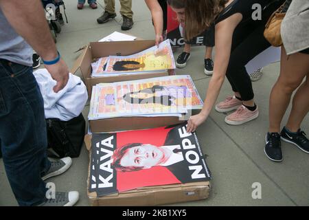 Protesters gather to demonstrate against Supreme Court Nominee Brett Kavanaugh on Saturday afternoon on October 6, 2018 in Washington, DC. (Photo by Emily Molli/NurPhoto) Stock Photo