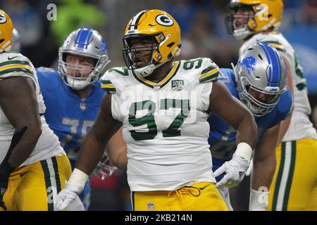 Green Bay Packers nose tackle Kenny Clark (97) reacts after a sack during  an NFL divisional playoff football game against the San Francisco 49ers,  Saturday, Jan 22. 2022, in Green Bay, Wis. (