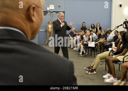 Scott Wagner (center), Republican and Tom Wolf, Incumbent and Democratic candidate for the seat of Governor of Pennsylvania attend a student forum in Philadelphia, PA, on October 10, 2018. De event at the School District of Philadelphia headquarters is put up by the Rendell Center for Civics and Civic Engagement of former Governor Ed Rendell. (Photo by Bastiaan Slabbers/NurPhoto) Stock Photo