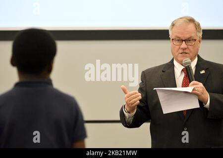 Scott Wagner (right), Republican and Tom Wolf, Incumbent and Democratic candidate for the seat of Governor of Pennsylvania attend a student forum in Philadelphia, PA, on October 10, 2018. De event at the School District of Philadelphia headquarters is put up by the Rendell Center for Civics and Civic Engagement of former Governor Ed Rendell. (Photo by Bastiaan Slabbers/NurPhoto) Stock Photo