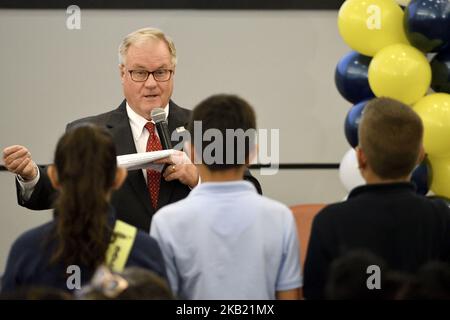 Scott Wagner (left), Republican and Tom Wolf, Incumbent and Democratic candidate for the seat of Governor of Pennsylvania attend a student forum in Philadelphia, PA, on October 10, 2018. De event at the School District of Philadelphia headquarters is put up by the Rendell Center for Civics and Civic Engagement of former Governor Ed Rendell. (Photo by Bastiaan Slabbers/NurPhoto) Stock Photo