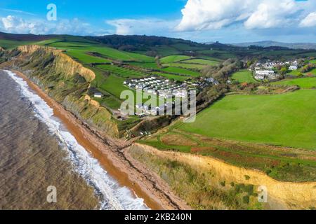 Eype, Dorset, UK.  3rd November 2022.  UK Weather.  View from the air of the beach and cliffs at Eype Mouth on the Dorset Jurassic Coast on an afternoon of autumn sunshine after heavy overnight rain. Picture Credit: Graham Hunt/Alamy Live News Stock Photo