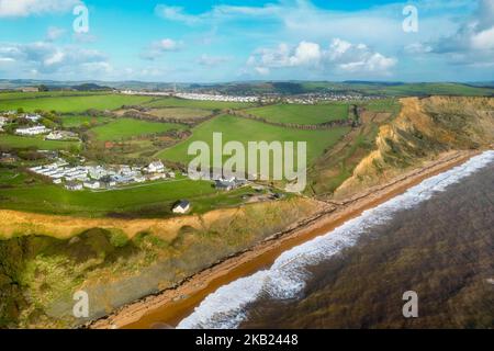 Eype, Dorset, UK.  3rd November 2022.  UK Weather.  View from the air of the beach and cliffs at Eype Mouth on the Dorset Jurassic Coast on an afternoon of autumn sunshine after heavy overnight rain.  The cliffs here are prone to frequent landslips and rockfalls.  Picture Credit: Graham Hunt/Alamy Live News Stock Photo