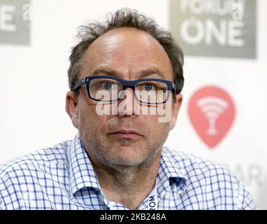 Co-founder of the online non-profit encyclopedia Wikipedia, Jimmy Wales speaks during a press conference in Kiev, Ukraine, on 13 October, 2018. Wales gave a lecture on the theme of "Information flow, modern Blockchain technologies, Big data and future trends", during "Olerom Forum One 2018" business forum in Kiev. The business forum brings togethers speakers of world arena, owners and managers of major companies, top managers and investors. (Photo by Vladimir Sindeyeve/NurPhoto) Stock Photo