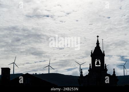 May-June 2018, Spain. The Camino de Santiago (the Way of St. James) is a large network of ancient pilgrim routes stretching across Europe and coming together at the tomb of St. James (Santiago in Spanish) in Santiago de Compostela in north-west Spain. Finisterre (Fisterra in Galician) was both the end of the known world until Columbus altered things and the final destination of many of the pilgrims who made the journey to Santiago in past centuries. Pilgrims in past centuries also continued northwards up the coast to the Santuario de Nuestra Señora de la Barca in Muxía, 29km north of the “end  Stock Photo