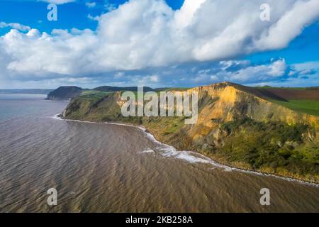 Eype, Dorset, UK.  3rd November 2022.  UK Weather.  View from the air of the cliffs of Thorncombe Beacon at Eype Mouth on the Dorset Jurassic Coast on an afternoon of autumn sunshine after heavy overnight rain.  The cliffs here are prone to frequent landslips and rockfalls.  Picture Credit: Graham Hunt/Alamy Live News Stock Photo