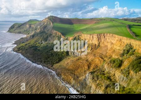 Eype, Dorset, UK.  3rd November 2022.  UK Weather.  View from the air of the cliffs of Thorncombe Beacon at Eype Mouth on the Dorset Jurassic Coast on an afternoon of autumn sunshine after heavy overnight rain.  The cliffs here are prone to frequent landslips and rockfalls.  Picture Credit: Graham Hunt/Alamy Live News Stock Photo