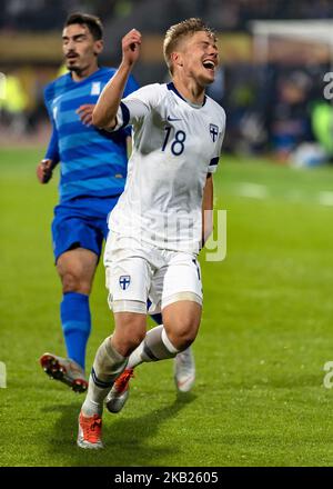 Jere Juhani Uronen of Finland celebrates during the UEFA Nations League group stage football match Finland v Grece in Tampere, Finland on October 15, 2018. (Photo by Antti Yrjonen/NurPhoto) Stock Photo