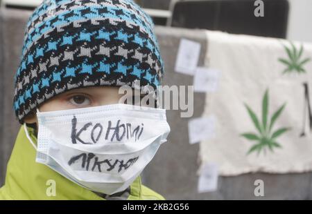 A boy wearing a mask reading "Marijuana treats" during a rally for legalization of using of marijuana, near the Cabinet of Ministers, in Kiev,Ukraine, 27 October, 2018. A group of activists gathered to demand Ukrainian officials decriminalization and the legalization of the use of marijuana. (Photo by NurPhoto) Stock Photo