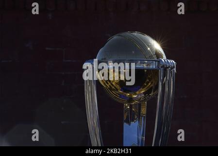 The 2019 ICC Cricket World Cup trophy is pictured in Chandragiri Hills during a country tour in Kathmandu, Nepal on Sunday, October 28, 2018. The 2019 Cricket World Cup is to be hosted by England and Wales from 30 May to 14 July 2019. (Photo by Narayan Maharjan/NurPhoto) Stock Photo