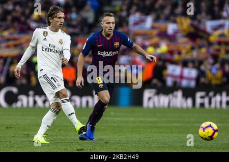 10 Luka Modric from Croatia of Real Madrid and 08 Arthur from Brasil of FC Barcelona during the Spanish championship La Liga football match 'El Classico' between FC Barcelona and Real Sociedad on October 28, 2018 at Camp Nou stadium in Barcelona, Spain. (Photo by Xavier Bonilla/NurPhoto) Stock Photo