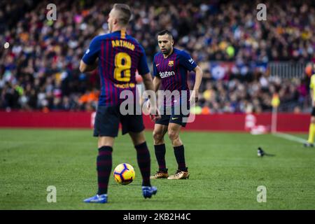 18 Jordi Alba from Spain of FC Barcelona and 08 Arthur from Brasil of FC Barcelona during the Spanish championship La Liga football match 'El Classico' between FC Barcelona and Real Sociedad on October 28, 2018 at Camp Nou stadium in Barcelona, Spain. (Photo by Xavier Bonilla/NurPhoto) Stock Photo