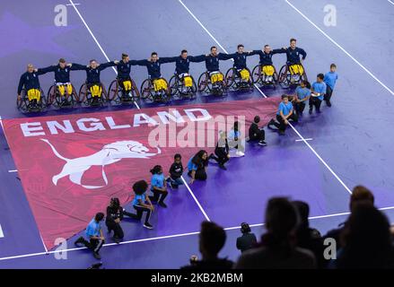 The England team line up for the National Anthems before the Wheelchair Rugby League World Cup group A match at the Copper Box Arena, London. Picture date: Thursday November 3, 2022. Stock Photo