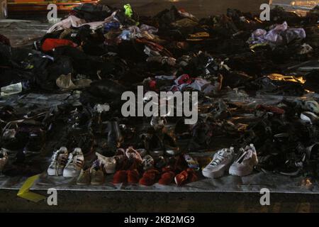 Debris and personal belongings of the victims of crashed B737 Max 8 aircraft, collected at the Jakarta International Container terminal II, port of Tanjung Priok, Jakarta, on October 31, 2018. The Commander of Indonesian Armed Forces, Marshal Hadi Tjahjanto and Head of the National SAR Agency, Vice Marshal Syaugi, on the press converence stated that the research vessel Baruna Jaya managed to find debris and detect a ping locator which allegedly belonging to Lion Air JT-610 aircraft which fell in the Karawang bay on October 29, minutes after take off from Jakarta. (Photo by Aditya Irawan/NurPho Stock Photo