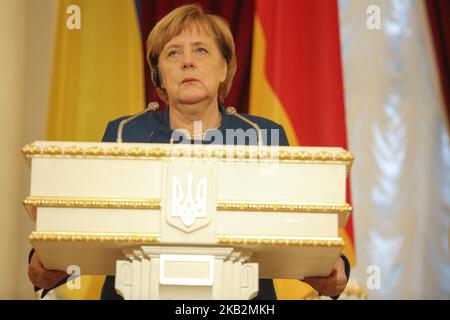 Federal Chancellor of Germany Angela Merkel is seen after the negotiations with President of Ukraine Petro Poroshenko (not pictured) during their meeting with Ukrainian and foreign journalists in Kyiv, Ukraine, Nov. 1, 2018. German Christian Democratic Party, CDU, chairwoman and Chancellor Angela Merkel announces during the a news conference on Oct. 29, 2018 she will step down as head of her conservative party after 18 years in December and won't seek a fifth term as German chancellor. (Photo by Sergii Kharchenko/NurPhoto) Stock Photo