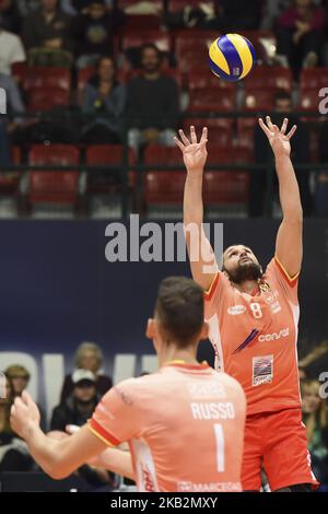 Davide Saitta (#8 Consar Ravenna) in action during the Italian Superlega Serie A volley match between Vero Volley Monza and Consar Ravenna in Monza, Italy on 1st November 2018, Monza won 3-1. (Photo by Roberto Finizio/NurPhoto) Stock Photo