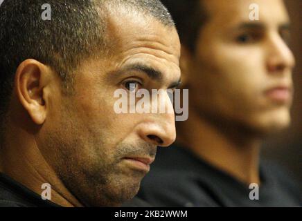 Rennes' French coach Sabri Lamouchi (L) and player Mehdi Zeffane (R) attend a press-conference in Kiev, Ukraine, 07 November, 2018. Rennes will play against Dynamo Kyiv at the UEFA Europa League Group K second-leg football match at the Olympiyskiy Stadium in Kiev, on November 08. (Photo by STR/NurPhoto) Stock Photo