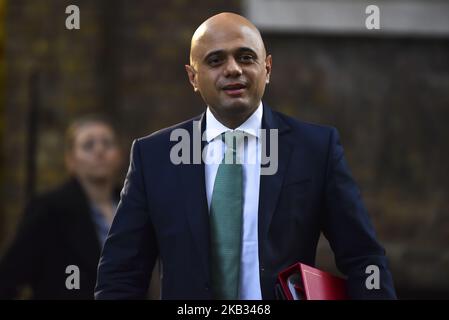 Home Secretary Sajid Javid arrives at Downing Street to attend the weekly Cabinet Meeting, London on November 13, 2018. A 'small number of outstanding issues' stand in the way of a Brexit agreement, Downing Street has said after Theresa May updated her cabinet on the talks. There was 'optimism on both sides' after negotiations broke up on Monday night, government sources have said. (Photo by Alberto Pezzali/NurPhoto) Stock Photo