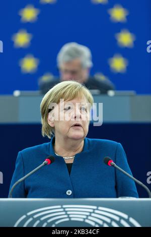 German Chancellor Angela Merkel during a debate on the futur of Europe during a plenary session at the European Parliament in Strasbourg, eastern France, November 13, 2018. German Chancellor Angela Merkel on November 13 made a clear call for a future European army, in an apparent rebuke to the US president who has called such proposals 'very insulting'. Addressing European MEPs on her vision for the future of Europe, Merkel also called for a European Security Council that would centralise defence and security policy on the continent. (Photo by Abdessalam Mirdass/NurPhoto) Stock Photo