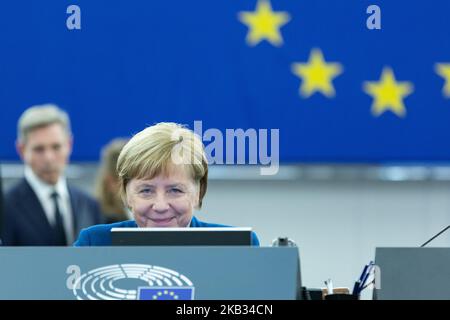 German Chancellor Angela Merkel during a debate on the futur of Europe during a plenary session at the European Parliament in Strasbourg, eastern France, November 13, 2018. German Chancellor Angela Merkel on November 13 made a clear call for a future European army, in an apparent rebuke to the US president who has called such proposals 'very insulting'. Addressing European MEPs on her vision for the future of Europe, Merkel also called for a European Security Council that would centralise defence and security policy on the continent. (Photo by Abdessalam Mirdass/NurPhoto) Stock Photo