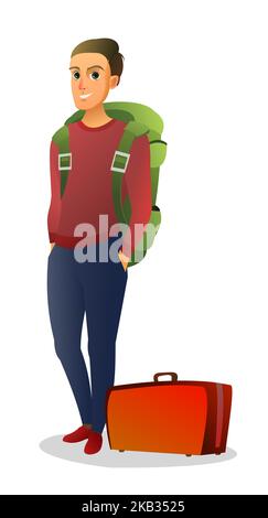 Tourist with backpack and suitcase. Standing and smiling. Goes on trip. Traveler on road. Isolated on white background. Vector. Stock Vector