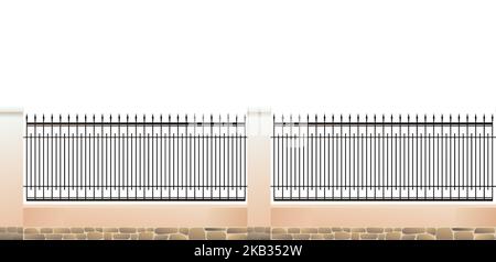 Wrought iron fence with plastered brick pillars and stone foundation. Horizontal seamless design. Isolated on white background Vector. Stock Vector