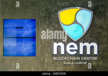 Signage of the nem Blockchain Center in Kuala Lumpur, Malaysia on November 14, 2018. (Photo by Chris Jung/NurPhoto) Stock Photo