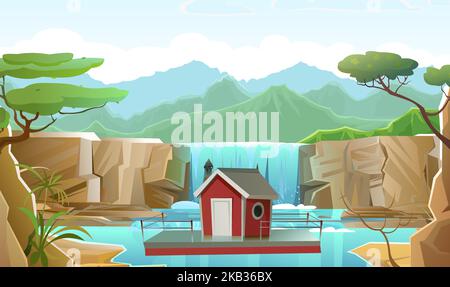 Floating house. Near waterfall. Dwelling with small courtyard on water. illustration vector. Stock Vector