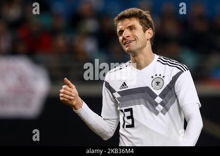Thomas Muller of Germany gestures during the international friendly match between Germany and Russia on November 15, 2018 at Red Bull Arena in Leipzig, Germany. (Photo by Mike Kireev/NurPhoto) Stock Photo